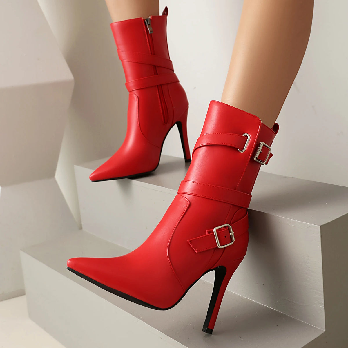 Pointed Toe Stiletto Ankle Boots With Buckle for Women