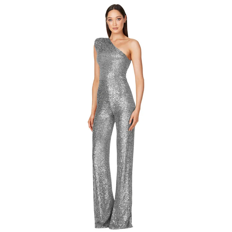 Sequined One Shoulder Wide Leg Jumpsuit