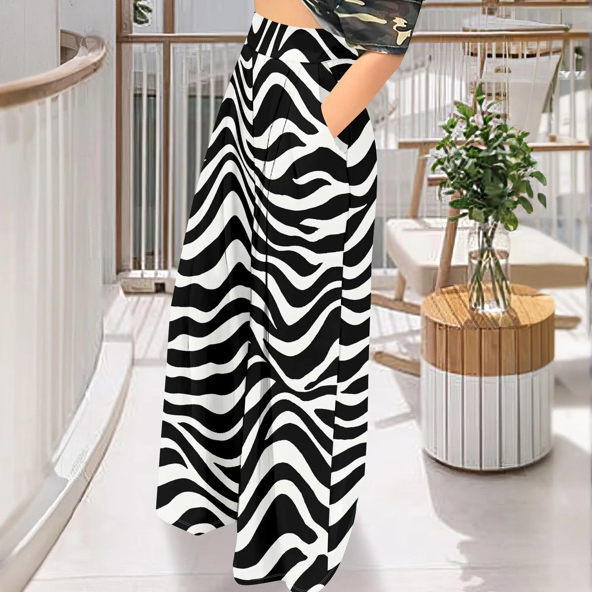 High Waist Zebra Print Wide Leg Palazzo Pants for Women