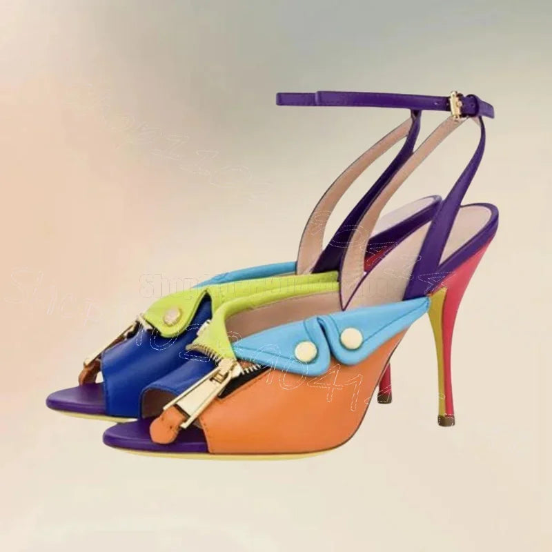 Metal Zipper Colorful Patchwork Leather Buckle Sandals for Women