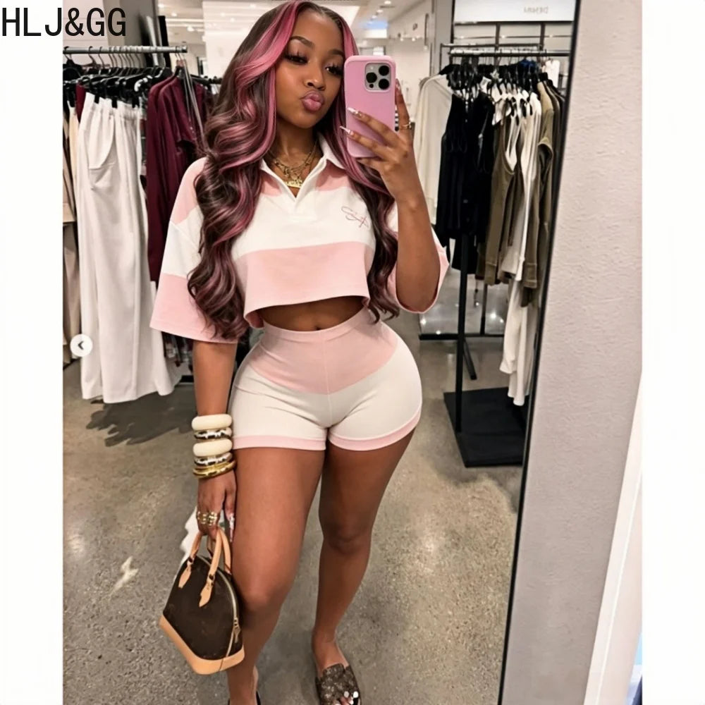 Pink Color Block V Neck Crop Top and Shorts Set for Women