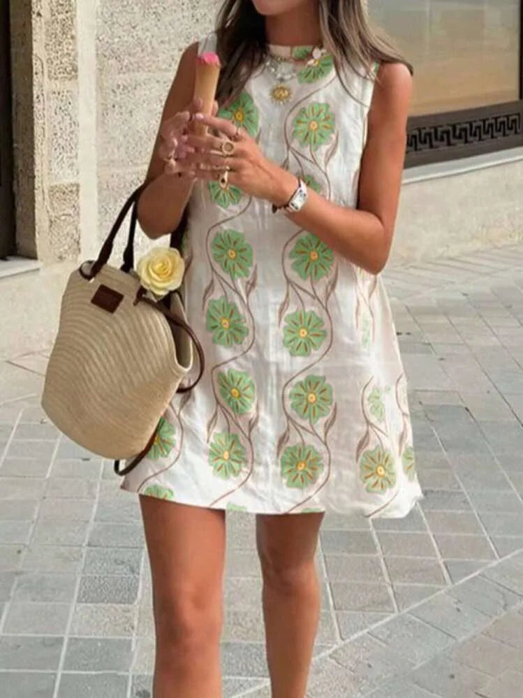 Floral Print Sleeveless Round Neck Mini Dress With Back Keyhole for Women