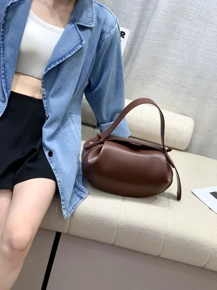 Circular Three-dimensional Bowling Bag For Women Fashion Leather Ruched Top Handle Handbags Casual Shoulder Crossbody Bag Purses