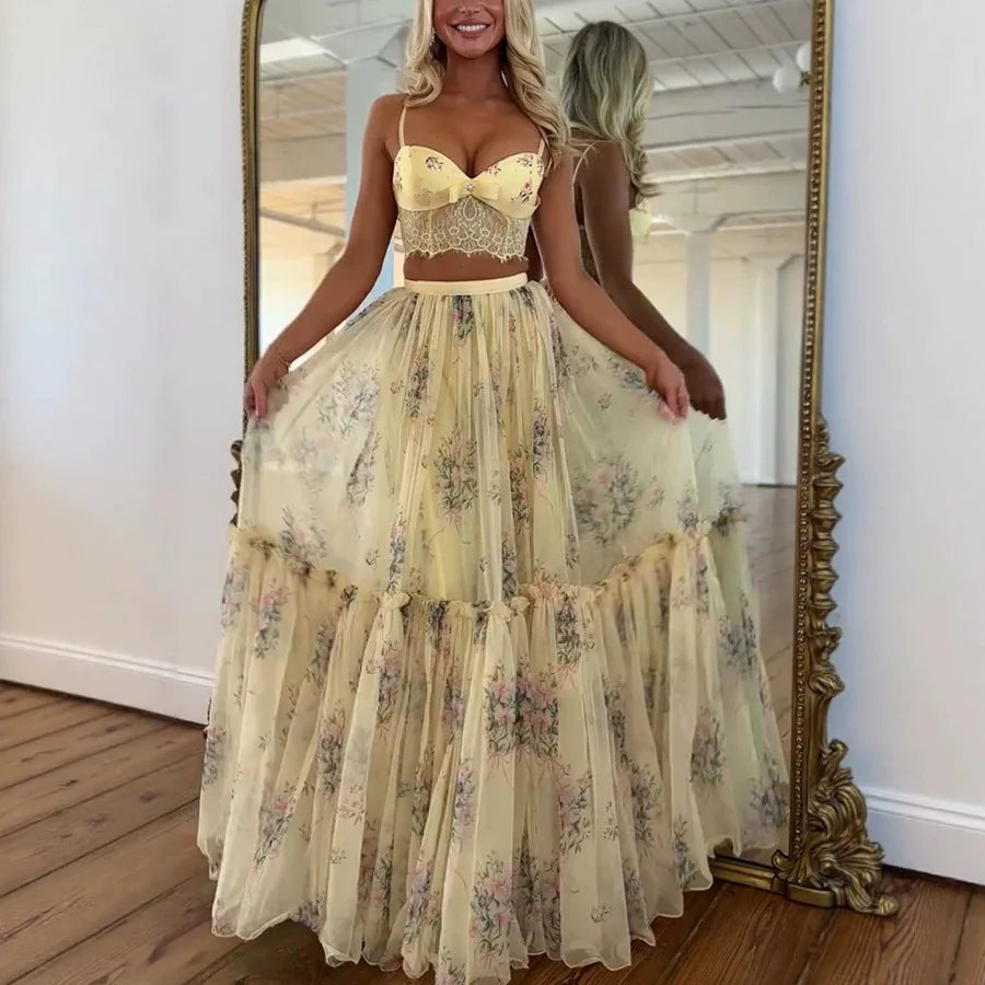 Vacation Style Lace Patchwork Two Piece Set for Women