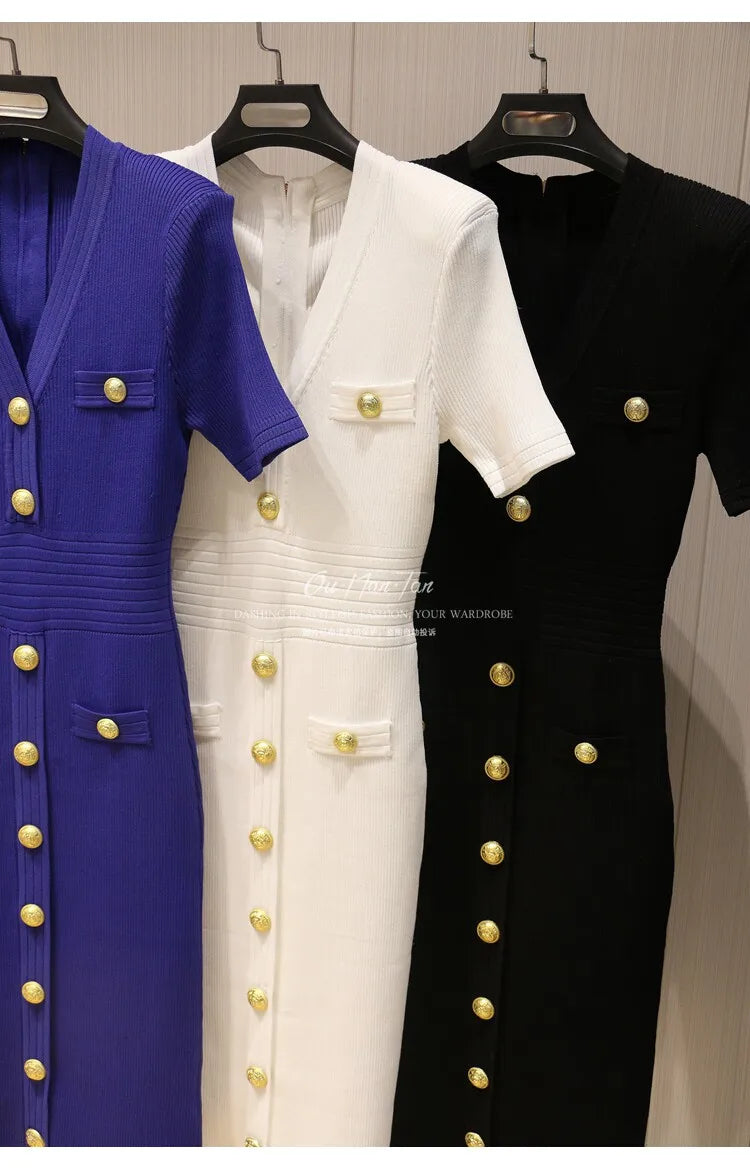 2026 Summer Fashion V-neck Metallic Buckle Knit Bodycon Midi Dress Women's Commute Slim Fit Elegant Short Sleeve Dresses