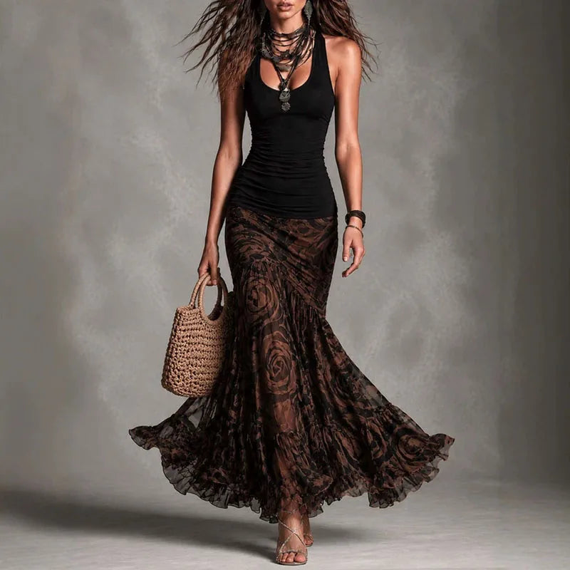 Boho Printed Halter Vest and Sheer Layered Skirt Set for Women