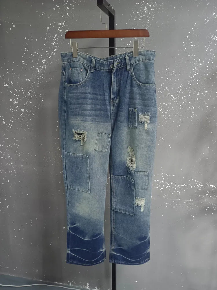 Washed Distressed Patchwork Loose Fit Jeans for Women