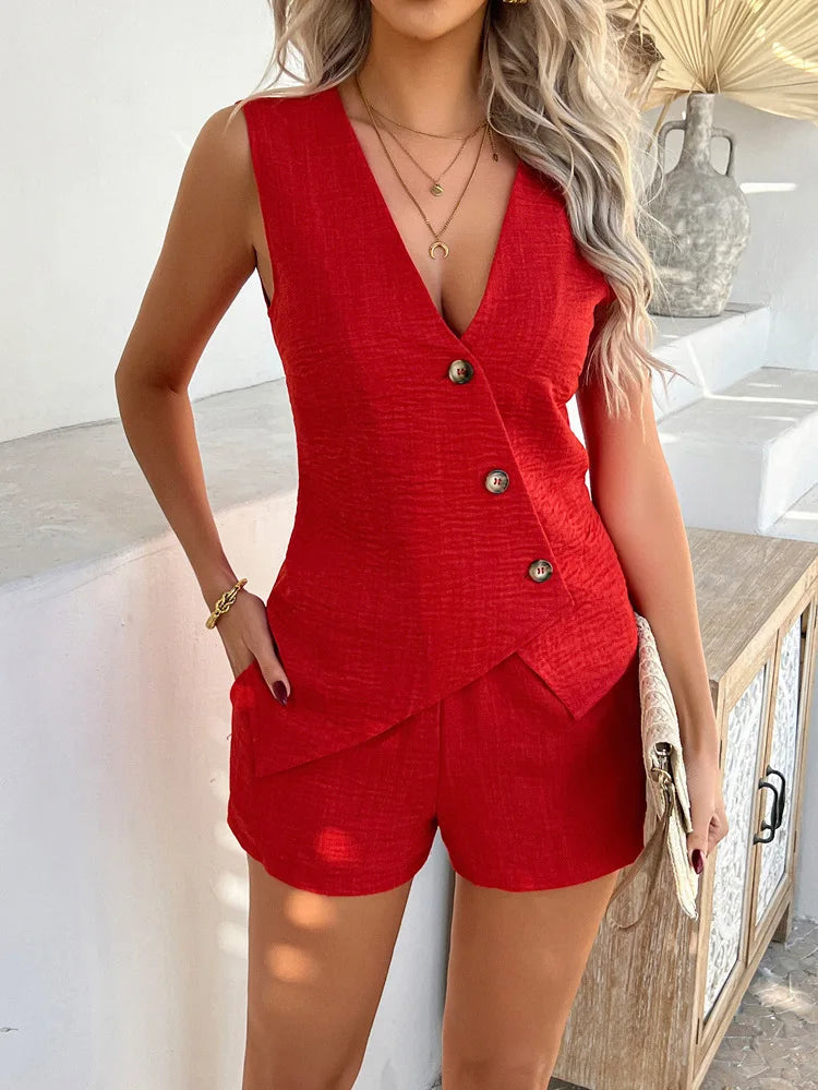 Summer Sleeveless Vest Top and High Waist Shorts Set for Women