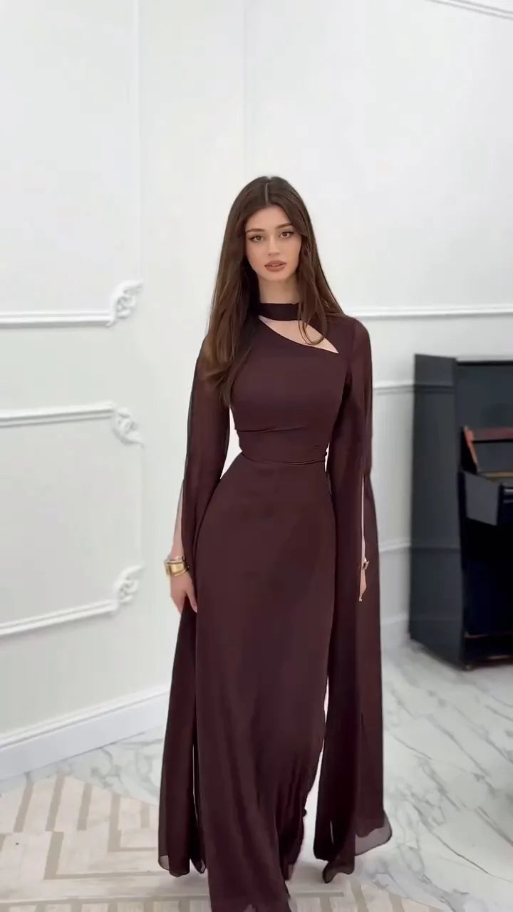 Solid Color Lace Up Cape Sleeve Maxi Dress For Women