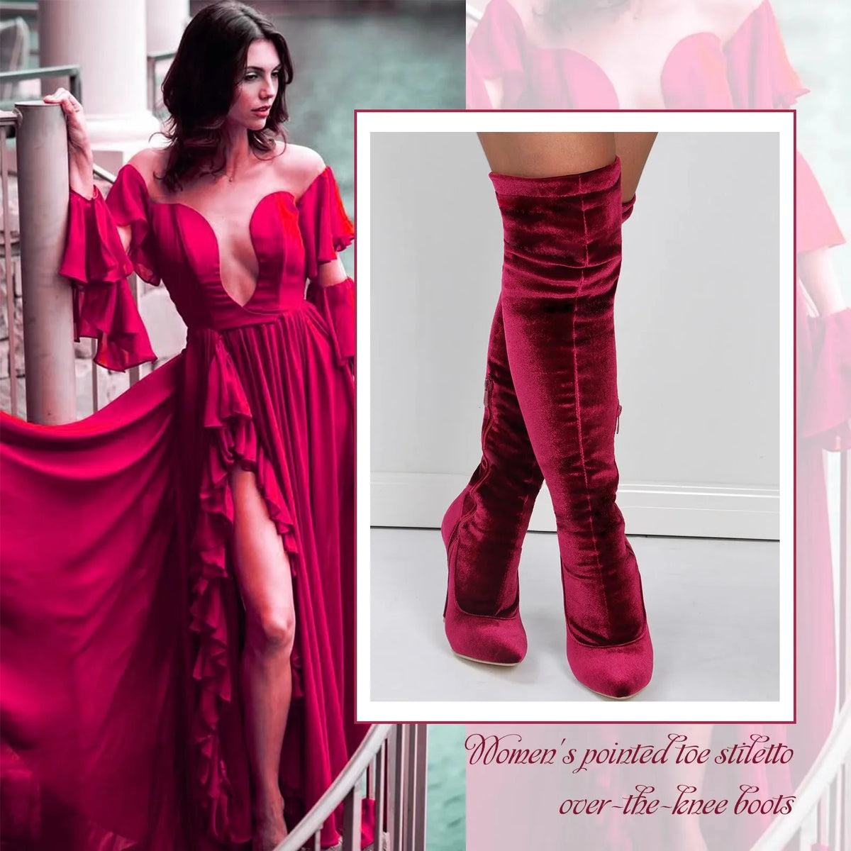 Velvet Pointed Toe Over The Knee Stiletto Boots for Women