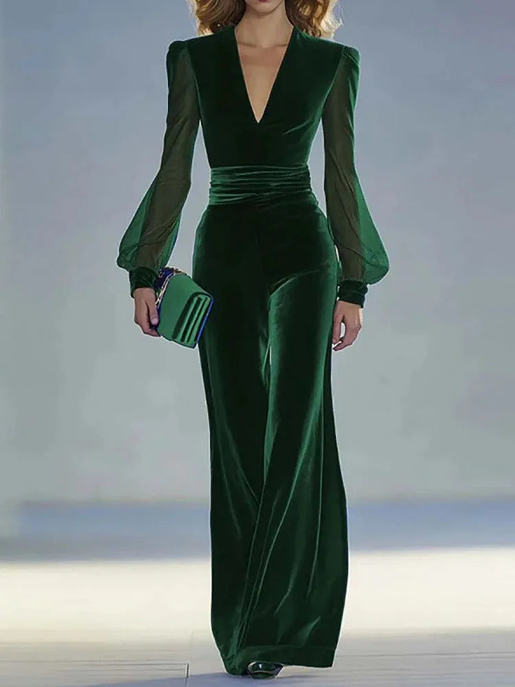 2026 Spring Sexy Deep V Neck Velvet Jumpsuit Woman Solid High Wait One Piece Office Romper Fall Mesh Long Sleeve Hollow Overalls