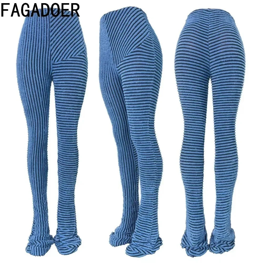 FAGADOER Stripe Plush Stacked Pants Women Casual Solid Color Fur Patchwork Flare Trousers Y2K Female Streetwear Bottoms 2025 New