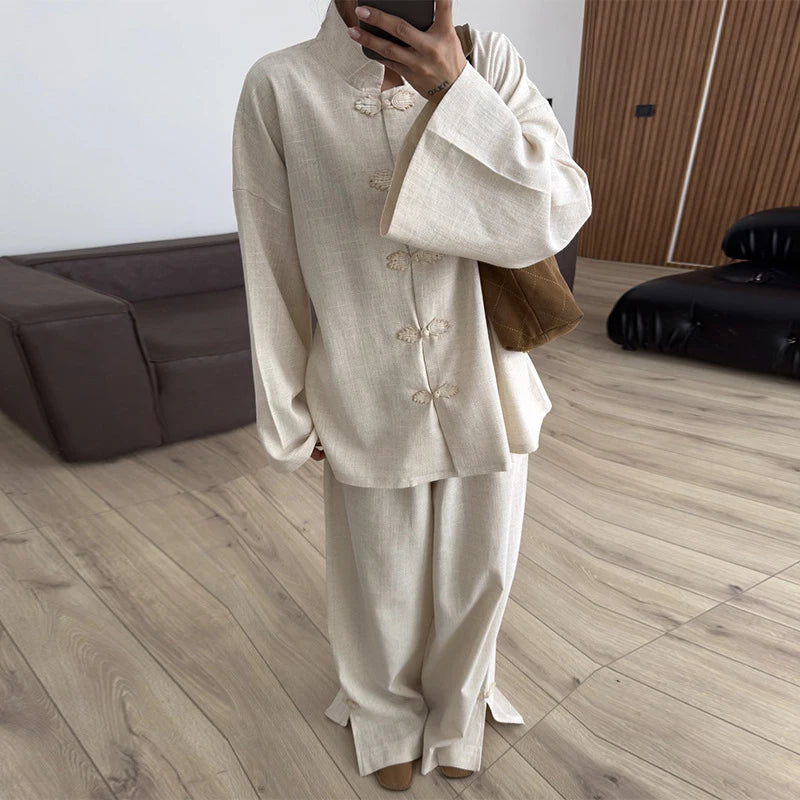 Casual Cotton Coat And Wide Leg Trouser Set for Women