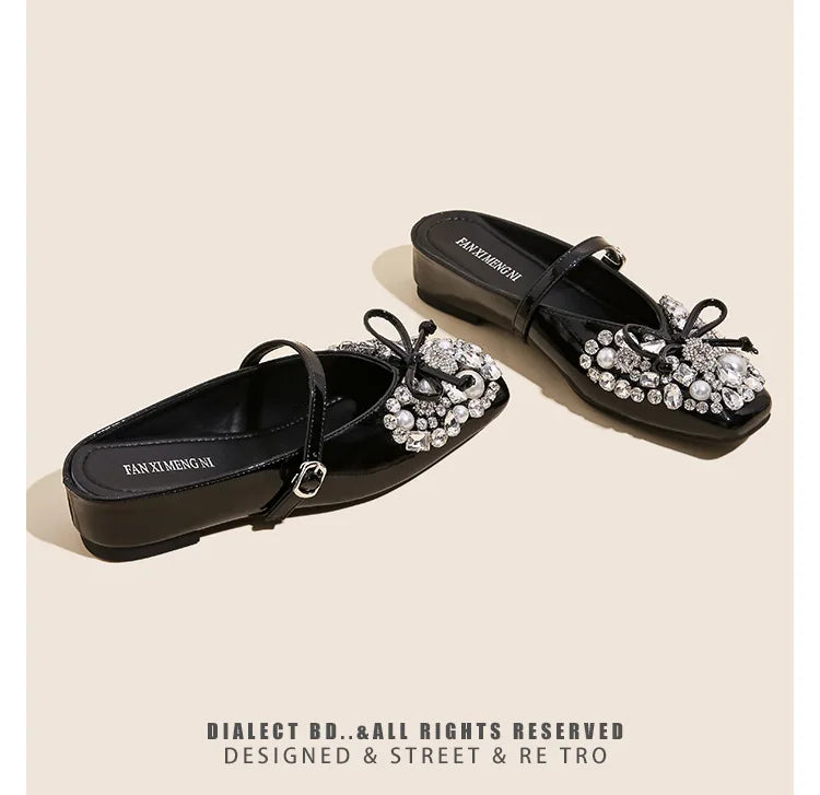 Pearl Bow Embellished Square Toe Flat Shoes For Women