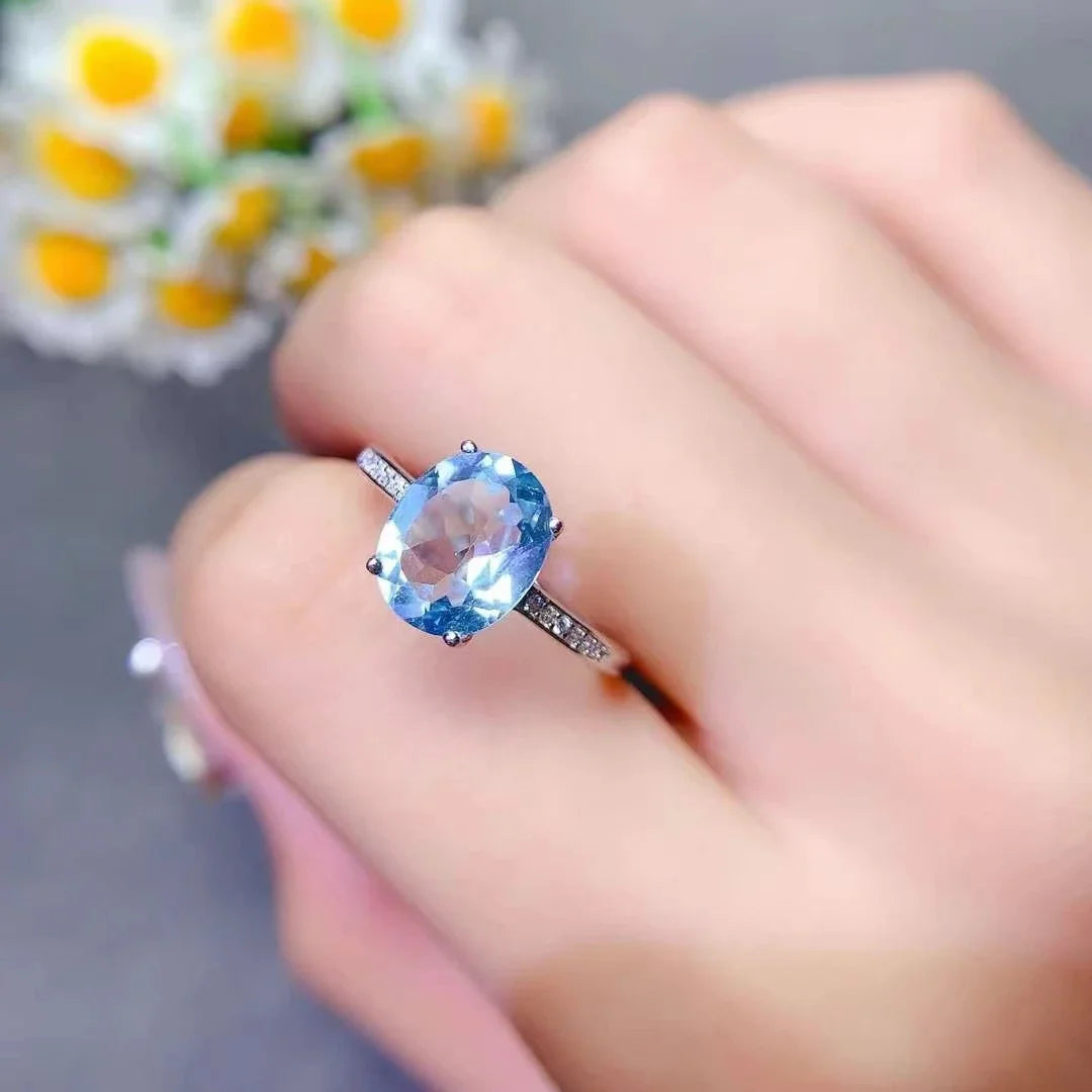 Handmade Silver Topaz Ring 10mm * 12mm 5ct Light Blue Topaz Ring 18K Gold Plated Crystal Jewelry