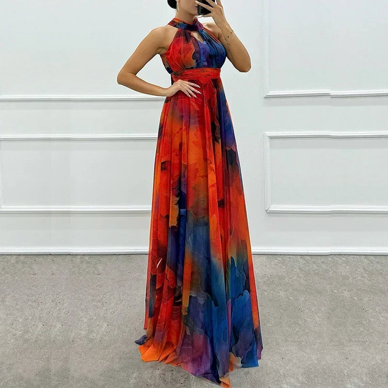 Elegant Lace Up Pleated Boho Print Evening Dress for Women