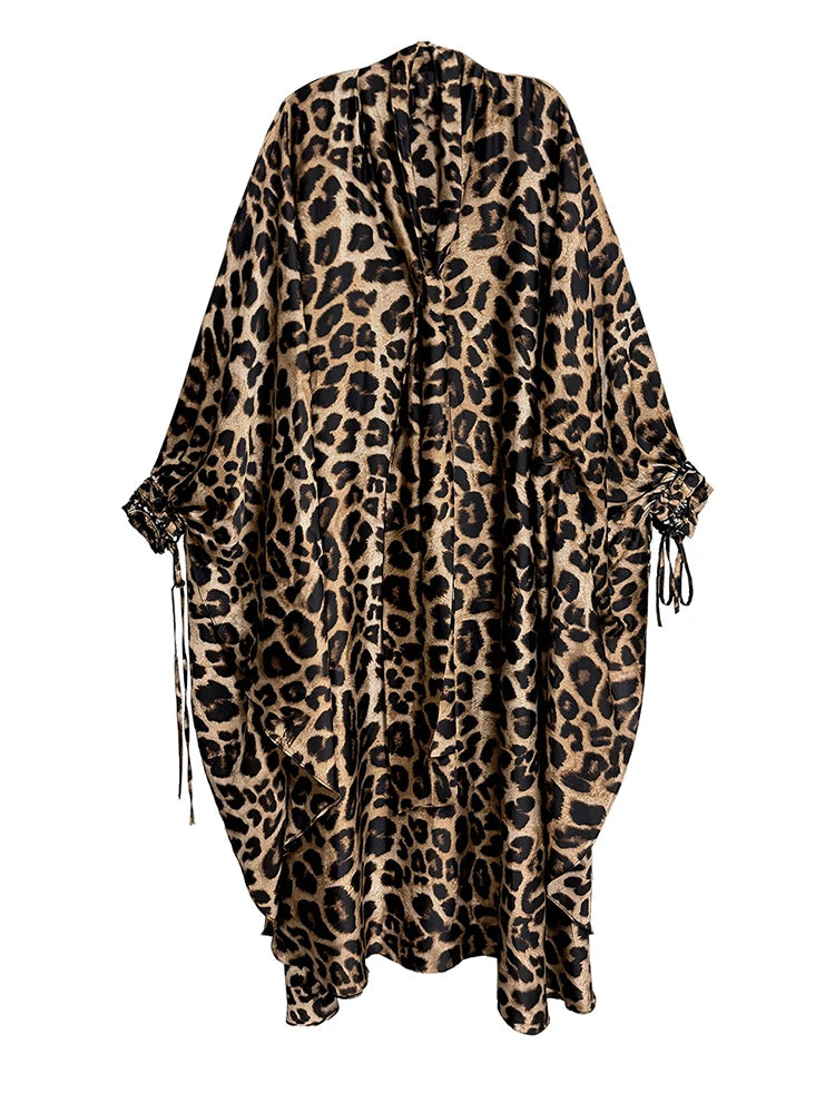 Leopard Print V-Neck Long Sleeve Midi Dress for Women