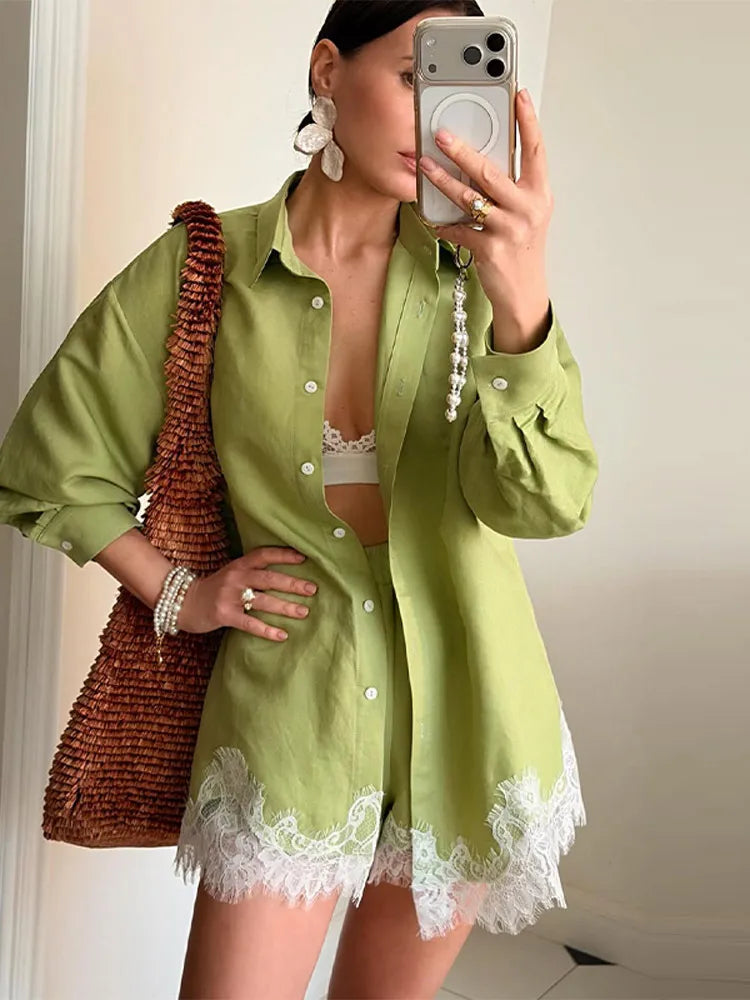 Casual Lace Patchwork Shirt and Shorts Set for Women