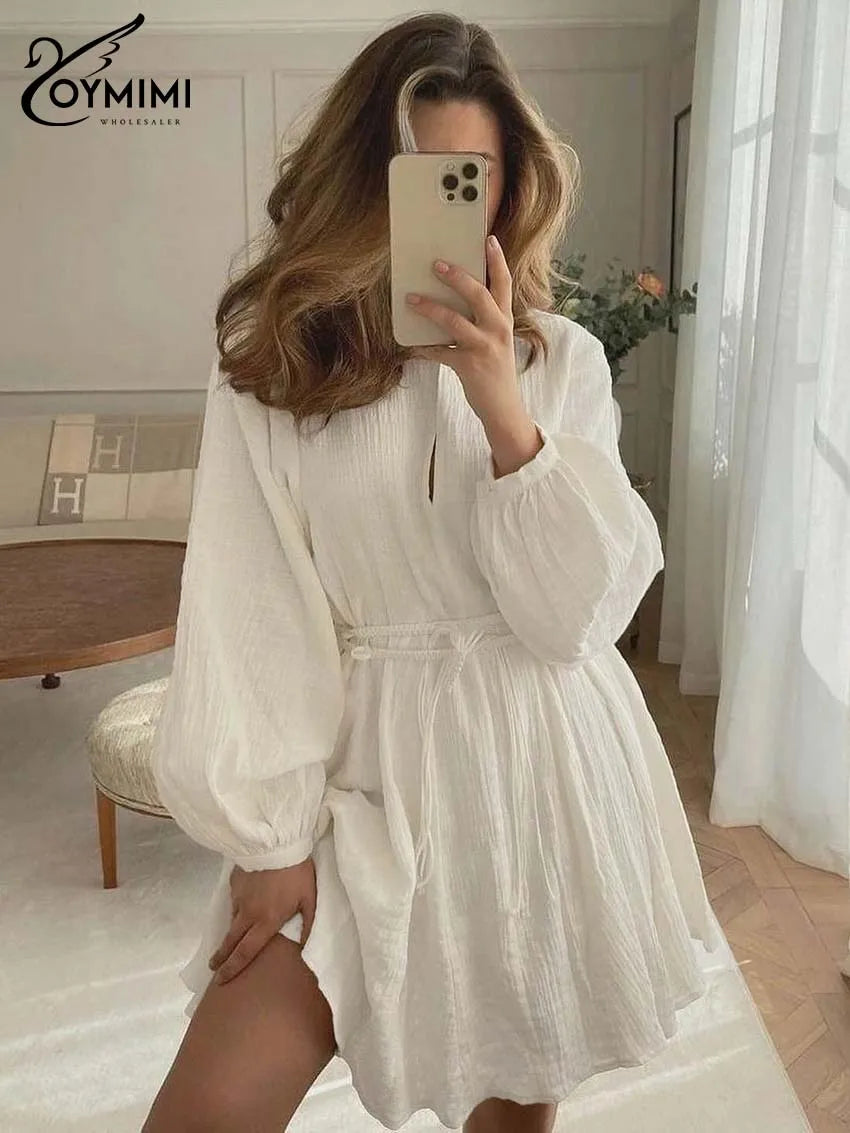 Oymimi Elegant Beige Cotton Womens Dresses Fashion V-Neck Long Sleeve Lace-Up Dresses Casual Loose Pleated Mini Dress Streetwear