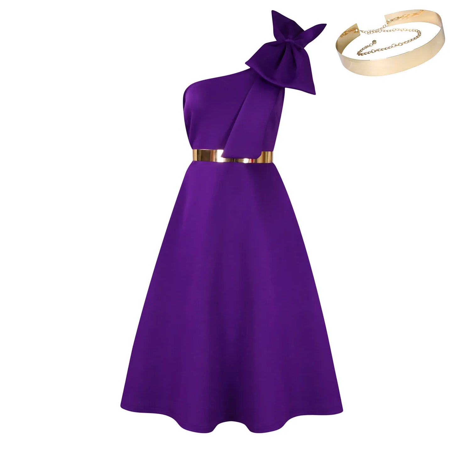Dress One Shoulder A Line Pleated Knee Length Sleeveless Bow Belt Elegant Party Style