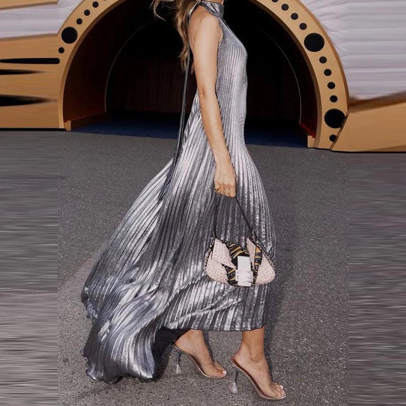 Metallic Halter Hollow Out Pleated Maxi Dress for Women