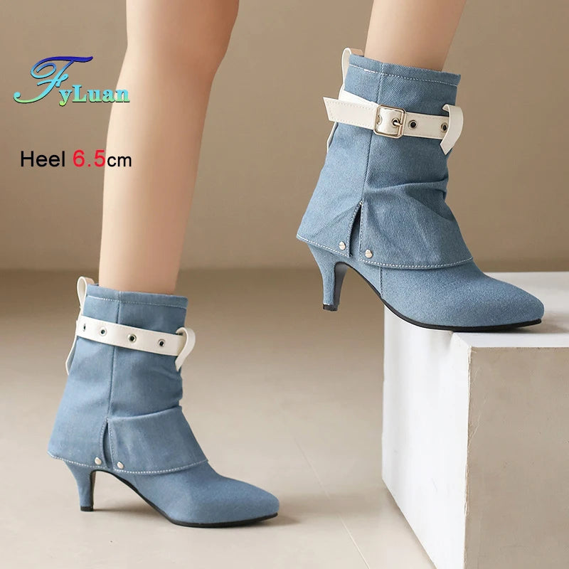 Western Style Denim Autumn Pointy Toe Ankle Boots With Belt Buckle for Women