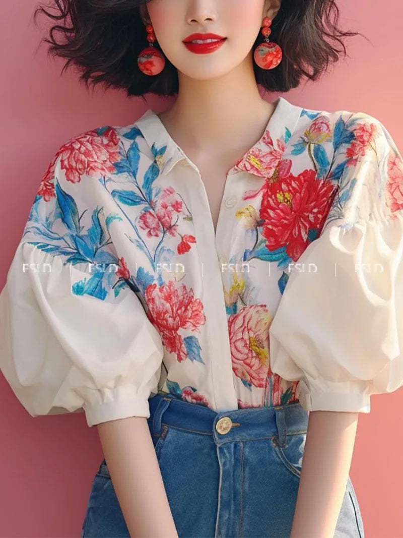 French Style Blouse with Bubble Sleeves and Floral Patterns 2024 New Women's Summer Collection Shirt