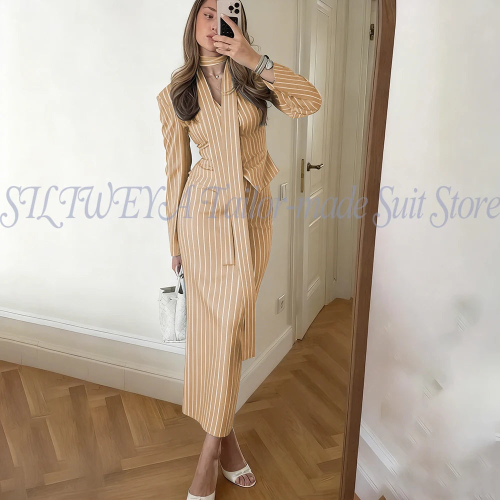Single Breasted Blue Striped Blazer Skirt Set for Women