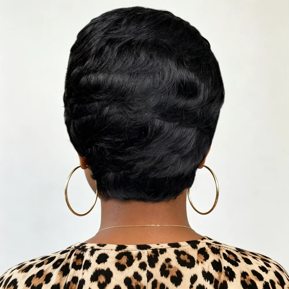 Natural Black Short Curly Pixie Human Hair Wig for Women