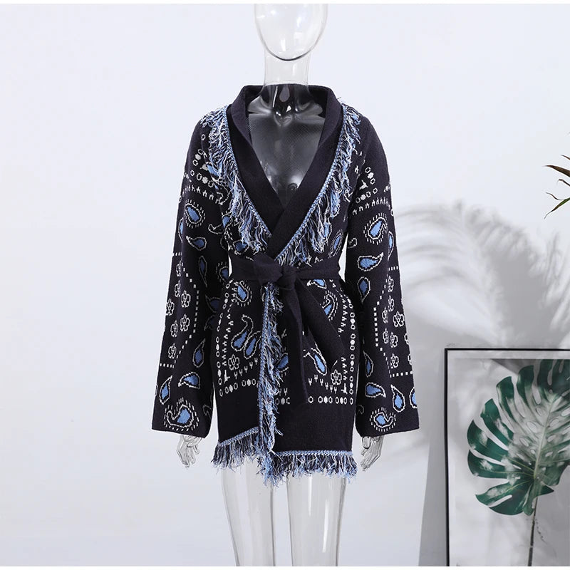 Vintage Patchwork Lace Up Long Sleeve Cardigan For Women