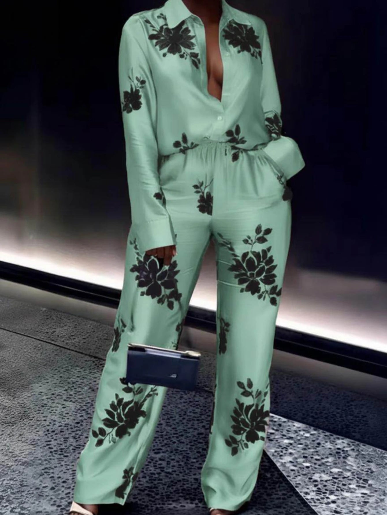 Women's Collar Long Sleeve Printed Shirt Top Wide Leg Long Pants Set For Leisure Vacation Daily Casual Fashion Occasions