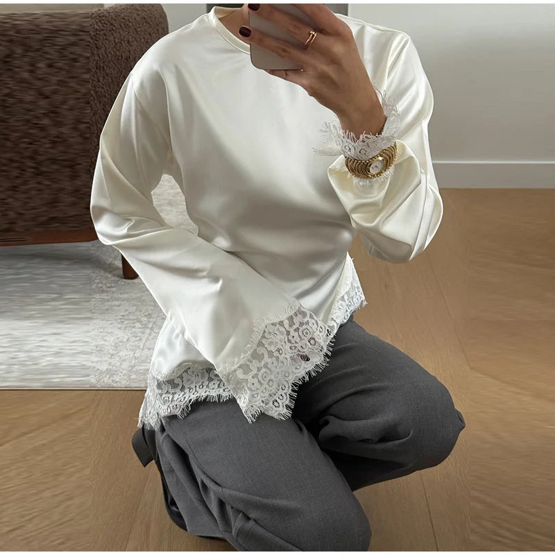 Asymmetric Lace Patchwork Loose Long Sleeve Shirt for Women
