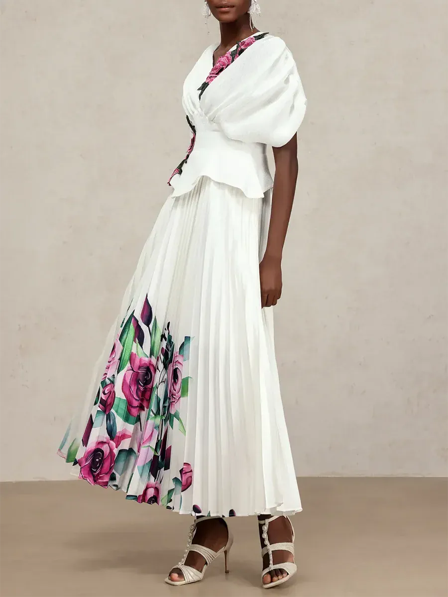 TWOTWINSTYLE Printing Spliced Embroidery Elegant Dresses for Women V Neck Short Sleeves Tunic Patchwork Folds Long Dress Female