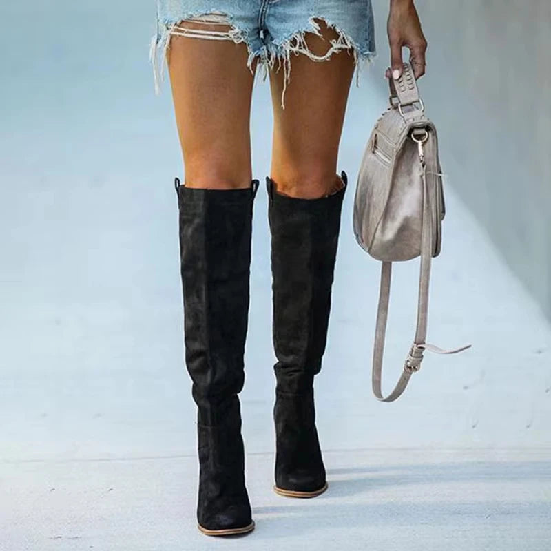 Suede Pointed Toe Knee High Platform Boots for Women