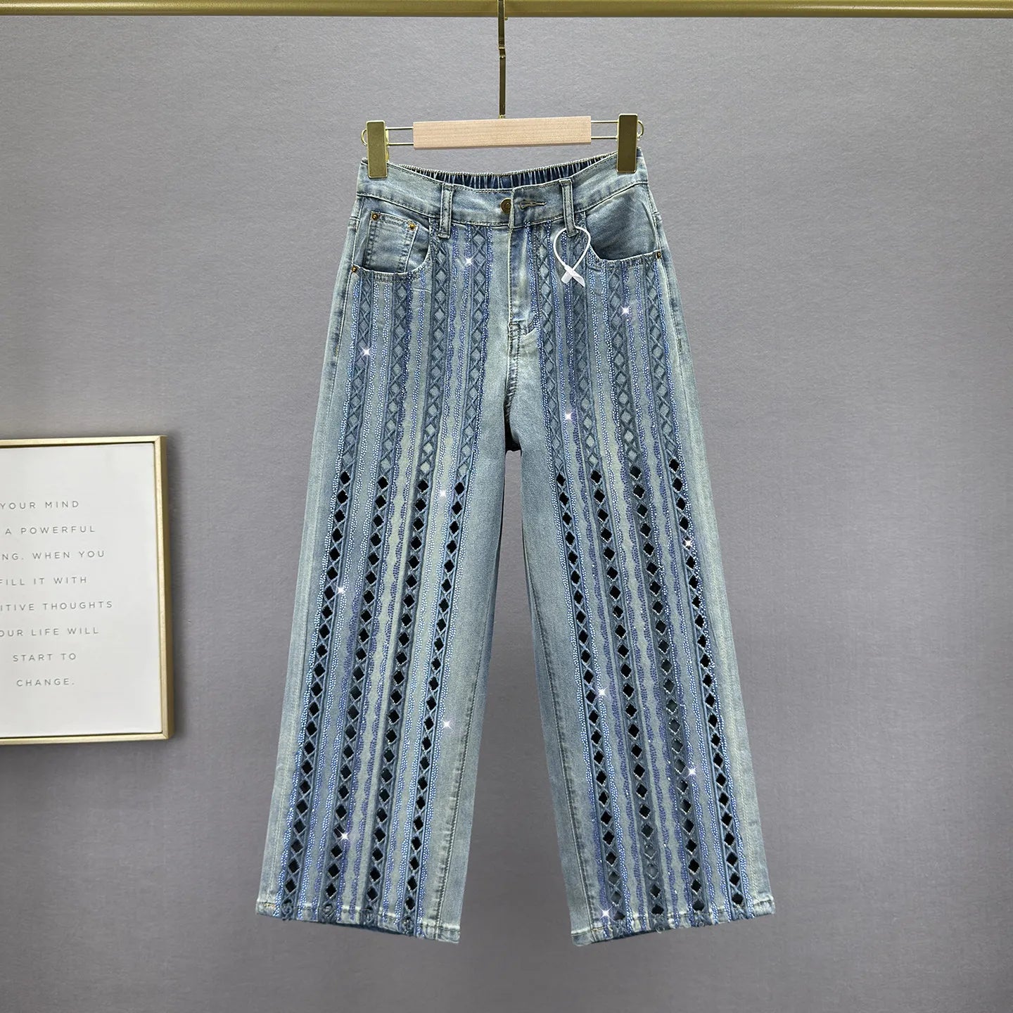 Heavy Cut Out Hot Diamond Jeans Women's Cropped Pants Summer New Fashion Thin High Waist Loose Slimming Straight-leg Pants