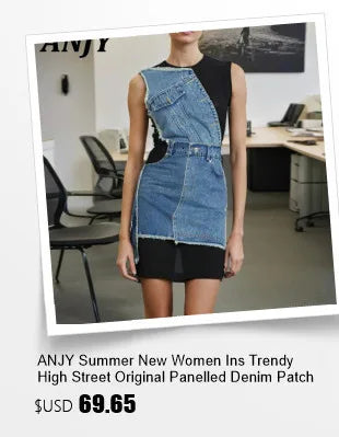 ANJY Summer New Women's Tide High Street Y2K Chic Trendy Sleeveless Halter Neck Backless Waist Cinching Zipper Denim Dress A8053