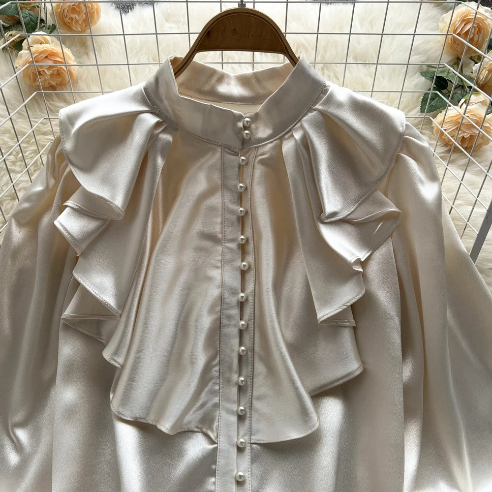 Elegant Satin Ruffle Long Sleeve Blouse for Women