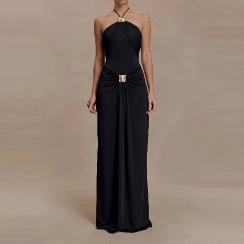 Elegant Sleeveless Draped Halter Evening Dress for Women