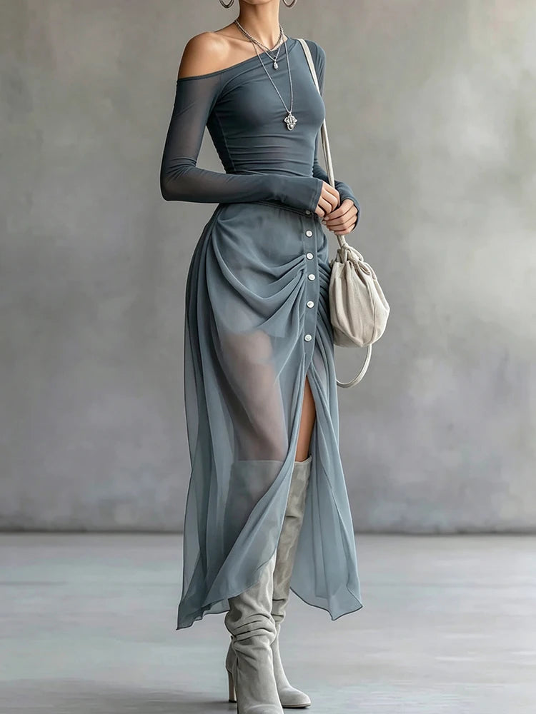 Patchwork Top And Maxi Skirt Two Piece Set for Women