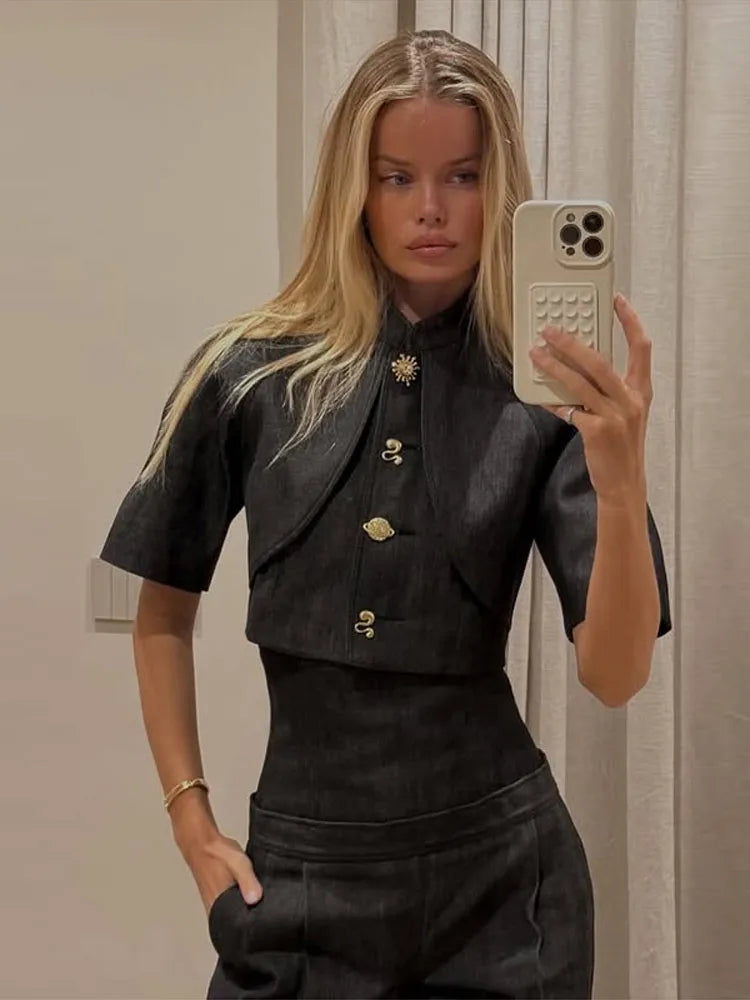 Single Button Denim Jacket With Wide Leg Pants For Women