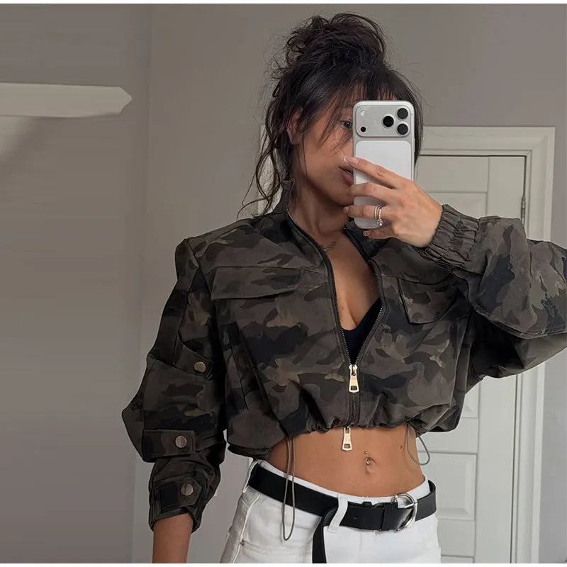 Y2K Camouflage Cropped Zip Jacket With Stand Collar for Women
