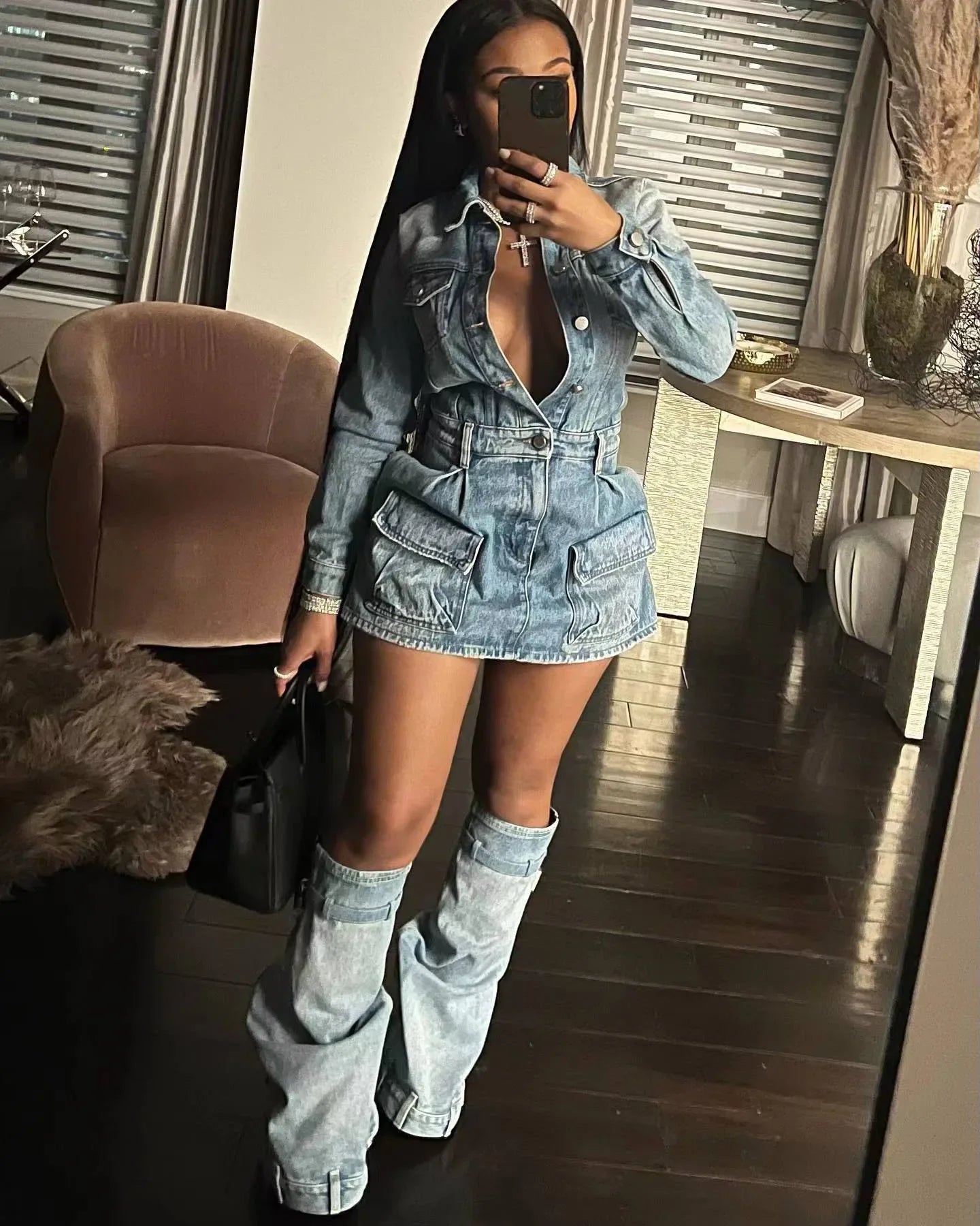 Trendy Chic Lapel Button Denim Three Piece Set for Women