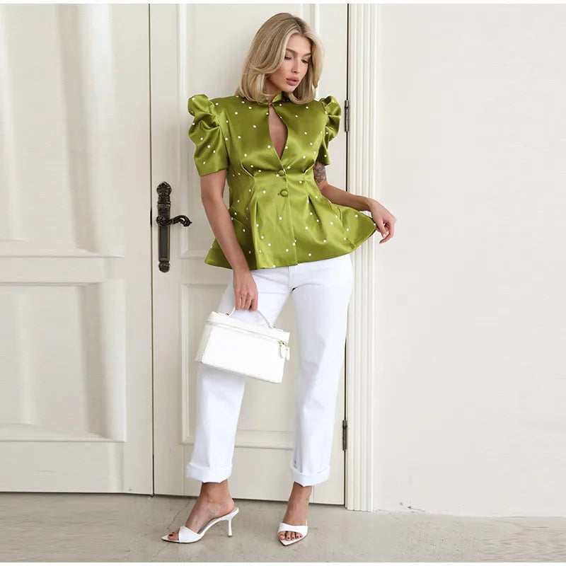 Elegant Printed Puff Sleeve Stand Collar Shirt for Women