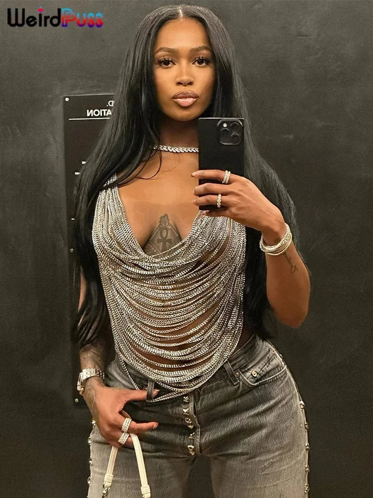 Weird Puss Multilayer Chain Women Crop Tops Halter Backless Low Chest Sexy Fashion Hot Girls Rave Party Nightclub Coquette Vest