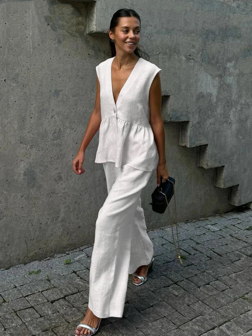 2026 Summer Cotton Two Piece Set Women Sleeveless Loose V Neck Waistcoat Elastic Wide Leg Pants Tracksuits Office Lady Outfits