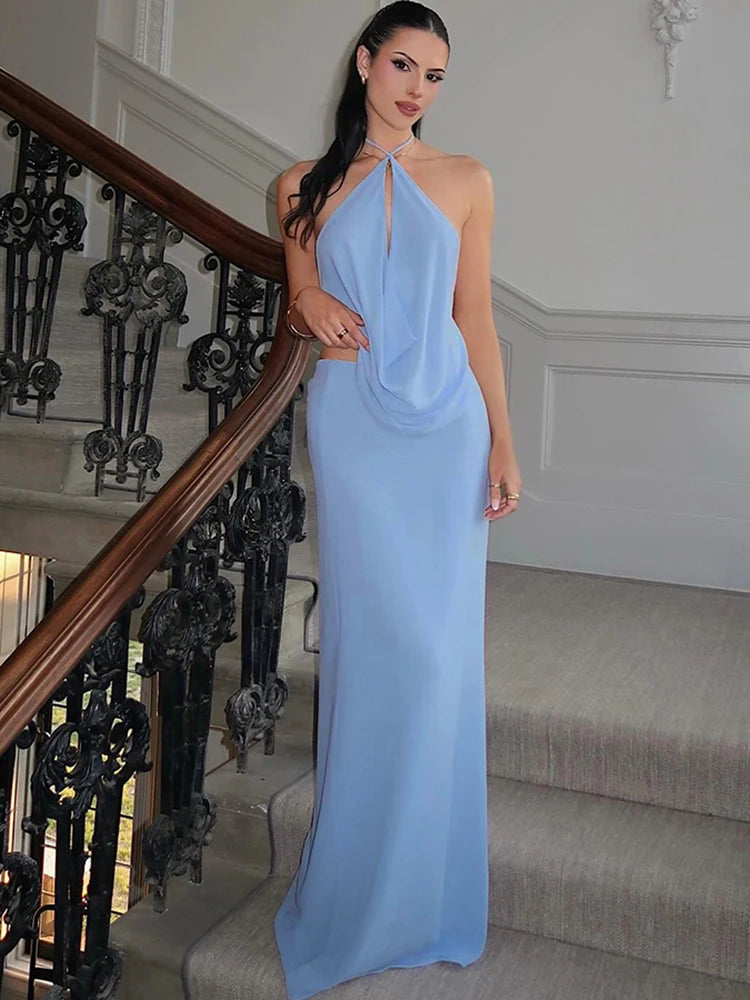 Weird Puss Sexy Backless Maxi Dress Women Halter Ruched Hollow Sleeveless Robe Vacation Fashion Beach Party Elegant Vestidos