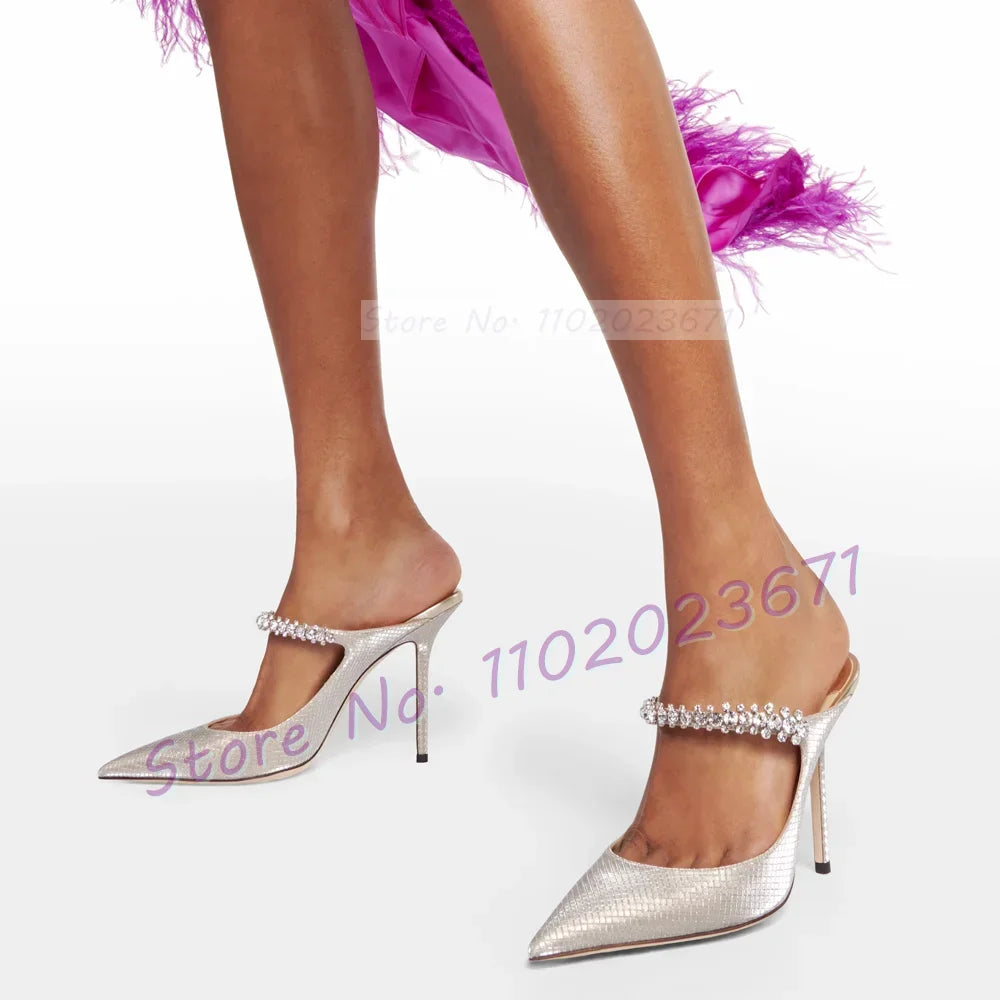 Metallic Silver Rhinestone Arch Strap High Heel Mules for Women