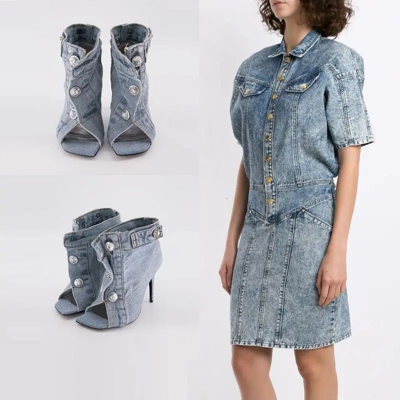 Elegant Denim Look Strappy Peep Toe Stiletto Sandals for Women