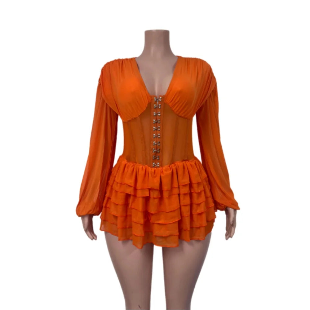 Mesh Ruched Patchwork See Through Long Sleeve Bodycon Rompers for Women