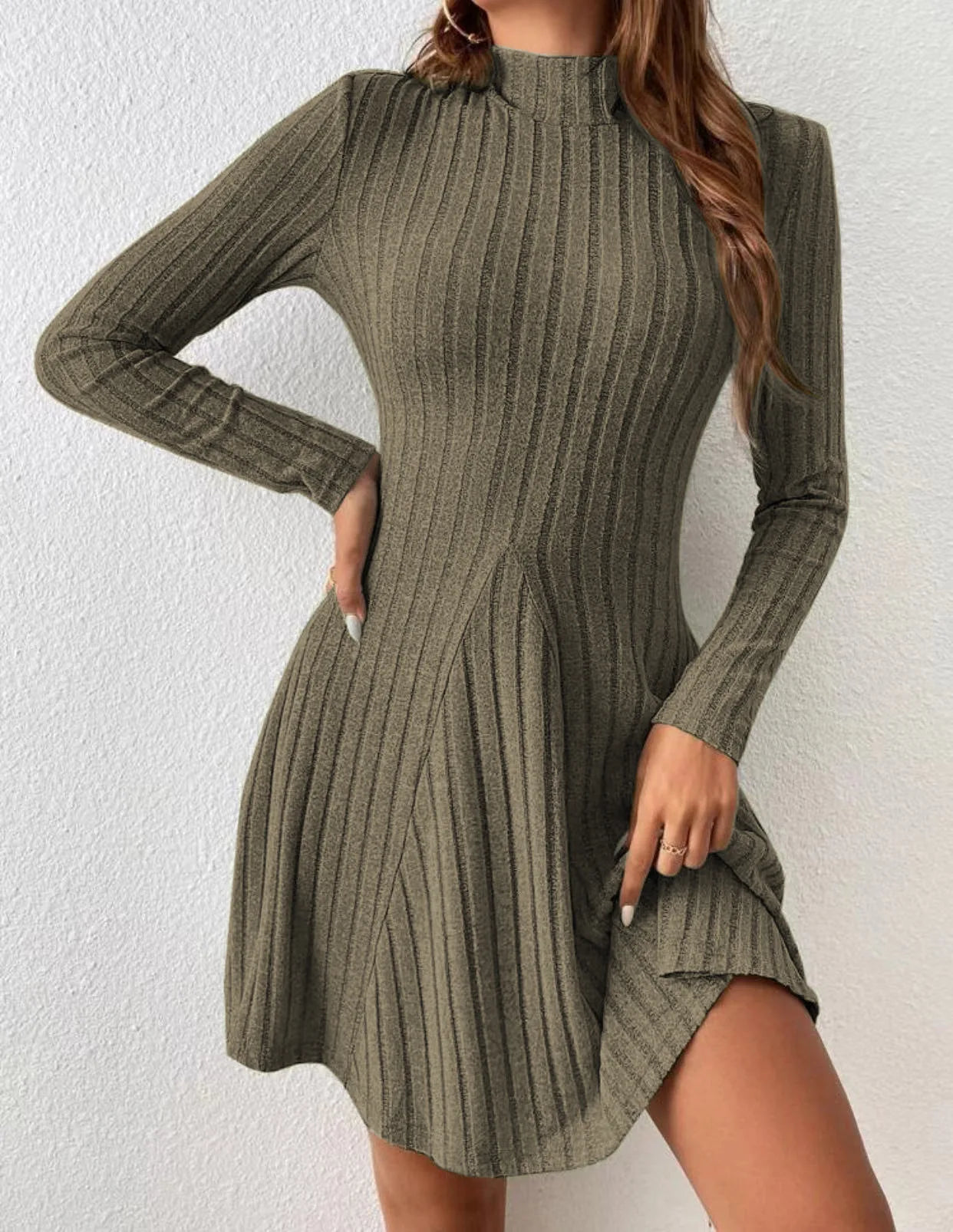 2026 New European and American Women's Slim Fit Half-Turtleneck Waist-Cinch A-Line Ribbed Long-Sleeve Dress